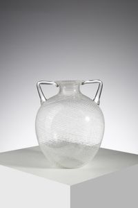 MANIFATTURA MURANESE - Vaso biansato in vetro trasparente, corpo decorato in reticello lattimo