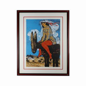 Salvatore Fiume - Donna con somaro, multiplo su carta