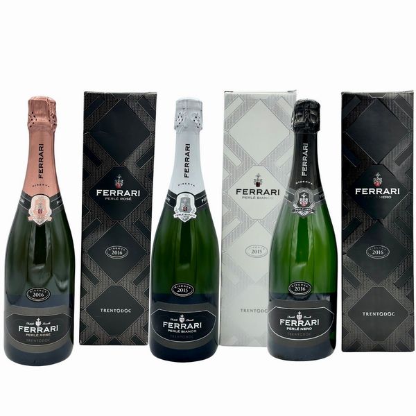 Fratelli Lunelli Ferrari, Perlé Rosé Riserva Trento DOC 2016 - Perlé Bianco Riserva Trento DOC 2015 - Perlé Nero Trento DOC 2016  - Asta Vini e Distillati. D'Annata, Pregiati e da Collezione - Associazione Nazionale - Case d'Asta italiane