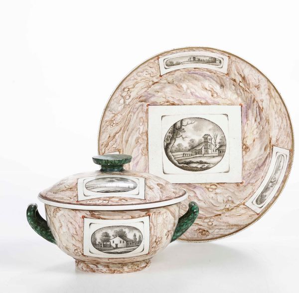 Zuppierina con sottopiatto. <BR>Napoli, Manifattura Migliuolo, primi decenni del XIX secolo.  - Asta Maioliche e Porcellane - Associazione Nazionale - Case d'Asta italiane