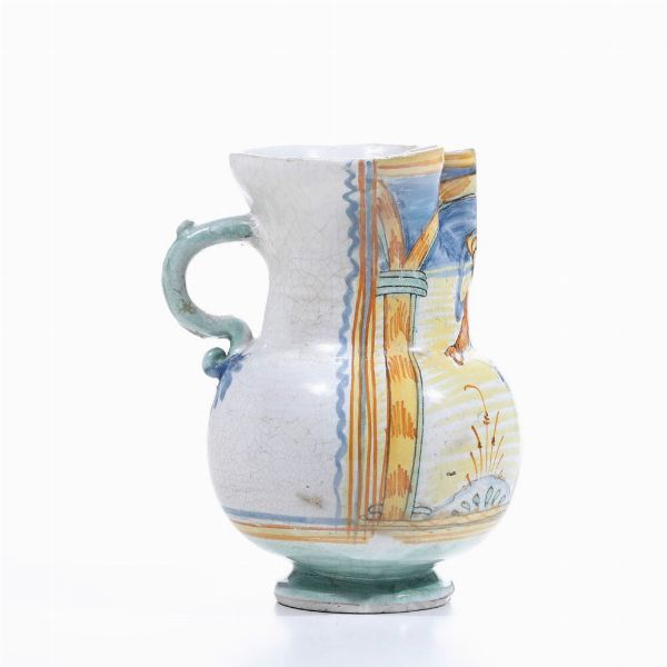 Piccola brocca raffigurante Santa Caterina.<BR>Italia centrale, XVIII secolo.  - Asta Maioliche e Porcellane - Associazione Nazionale - Case d'Asta italiane