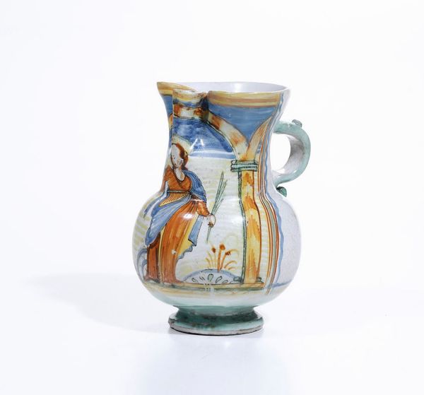 Piccola brocca raffigurante Santa Caterina.<BR>Italia centrale, XVIII secolo.  - Asta Maioliche e Porcellane - Associazione Nazionale - Case d'Asta italiane