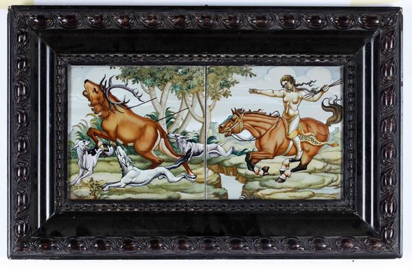 Pannello decorativo con “caccia al cervo”. <BR>Pesaro, Pietro Ciccoli, 1930 circa.  - Asta Maioliche e Porcellane - Associazione Nazionale - Case d'Asta italiane
