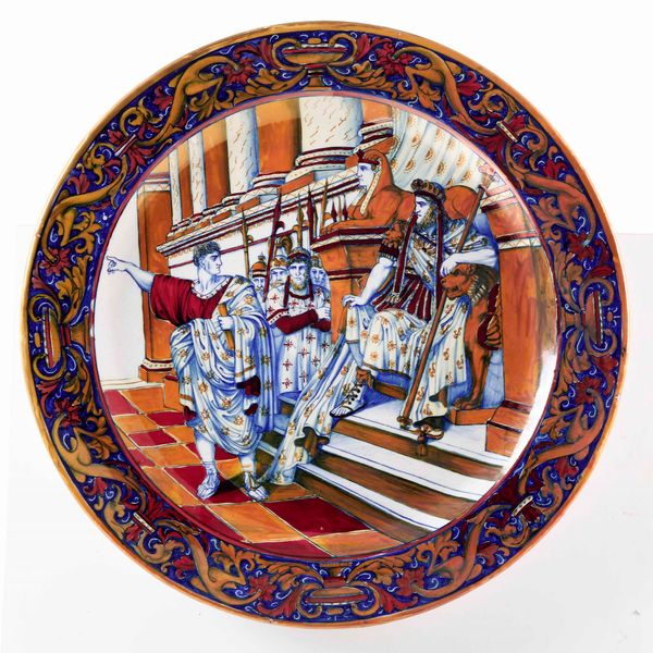 Grande piatto da parata. <BR>Gualdo Tadino, Manifattura Mastro Giorgio, secondo terzo del XX secolo.  - Asta Maioliche e Porcellane - Associazione Nazionale - Case d'Asta italiane