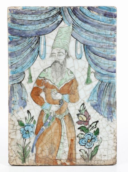 Targa raffigurante dignitario con spada.<BR>Persia, XIX o inizio XX secolo.  - Asta Maioliche e Porcellane - Associazione Nazionale - Case d'Asta italiane