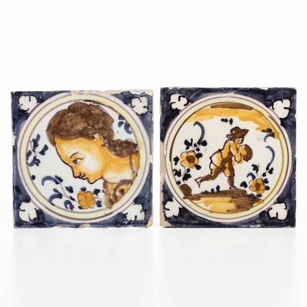 Coppia di piastrelle.<BR>Liguria (?), XIX-XX secolo.  - Asta Maioliche e Porcellane - Associazione Nazionale - Case d'Asta italiane