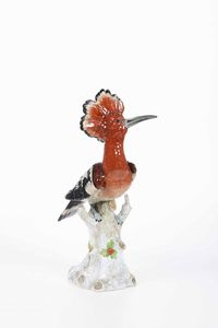 Figura di upupa.<BR>Germania, Manifattura di Potschappel, seconda metà del XX secolo.  - Asta Maioliche e Porcellane - Associazione Nazionale - Case d'Asta italiane