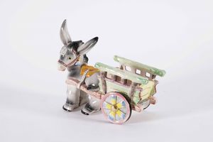 Figurina di asino con carro.<BR>Italia, probabilmente Torino, Manifattura di Elsa Lagorio,  terzo quarto del XX secolo.  - Asta Maioliche e Porcellane - Associazione Nazionale - Case d'Asta italiane