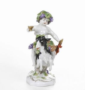Figurina di Giovane Bacco su caprone.<BR>Germania, Manifattura della Turingia, XX secolo.  - Asta Maioliche e Porcellane - Associazione Nazionale - Case d'Asta italiane