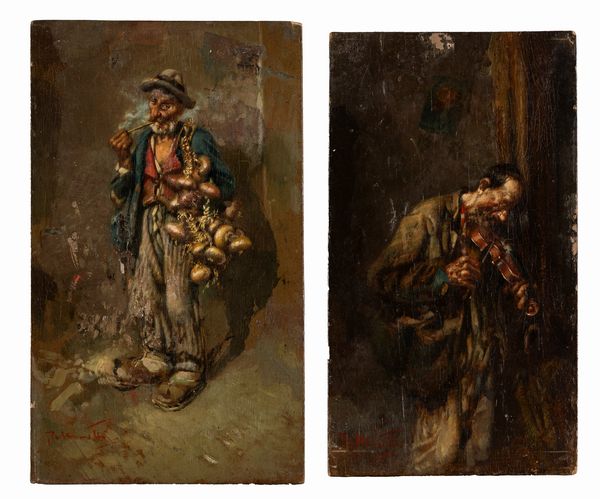 Tito Pellicciotti : Venditore di cipolle;  Violinista girovago  - Asta Arte Figurativa tra XIX e XX Secolo - Associazione Nazionale - Case d'Asta italiane