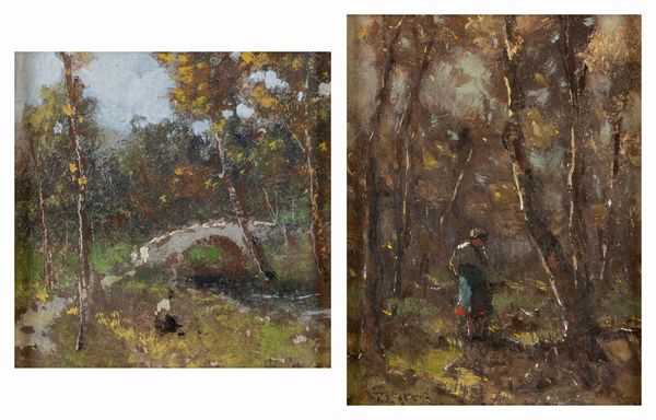Lorenzo Gignous : Il ponte di pietra; Figura nel bosco  - Asta Arte Figurativa tra XIX e XX Secolo - Associazione Nazionale - Case d'Asta italiane