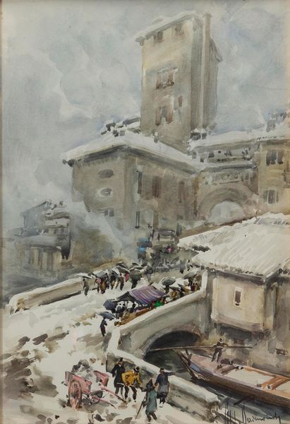 Aldo Raimondi : Vedute di Milano: verso il Duomo; Naviglio; Arco della Pace  - Asta Arte Figurativa tra XIX e XX Secolo - Associazione Nazionale - Case d'Asta italiane