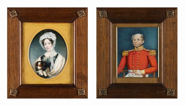 Scuola inglese, secolo XIX :  Ritratto di gentildonna con cagnolino (Mrs Ginger) e Ritratto di gentiluomo in alta uniforme  - Asta Arte Figurativa tra XIX e XX Secolo - Associazione Nazionale - Case d'Asta italiane