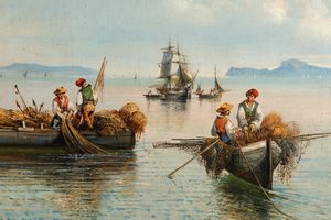 Consalvo Carelli : Pescatori nel golfo di Napoli  - Asta Arte Figurativa tra XIX e XX Secolo - Associazione Nazionale - Case d'Asta italiane