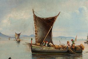 Consalvo Carelli : Pescatori nel golfo di Napoli  - Asta Arte Figurativa tra XIX e XX Secolo - Associazione Nazionale - Case d'Asta italiane