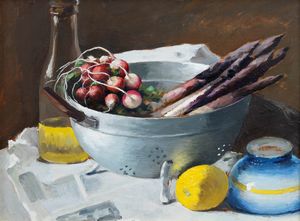 Antonio Moretti - Natura morta con asparagi e ravanelli