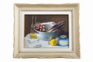 Antonio Moretti : Natura morta con asparagi e ravanelli  - Asta Arte Figurativa tra XIX e XX Secolo - Associazione Nazionale - Case d'Asta italiane