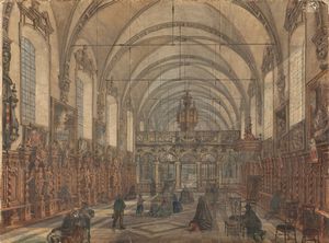 Maestro europeo del XIX secolo - Interno della chiesa di Sant'Anna a Bruges