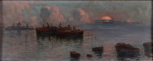 Scuola del secolo XIX - Barche al tramonto