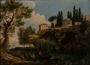 Pittore romantico dell'inizio del secolo XIX - Scorcio lacustre con antica villa