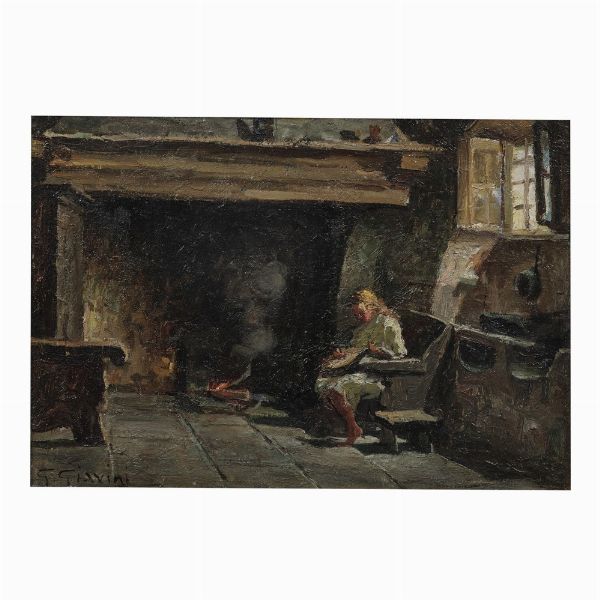 GIOVANNI GIAVINI : Figura di donna al camino  - Asta Dipinti e Sculture - Associazione Nazionale - Case d'Asta italiane