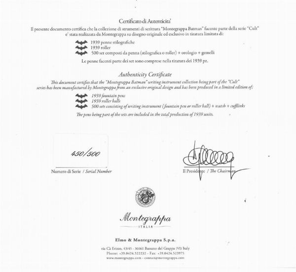 MONTEGRAPPA BATMAN SET OROLOGIO, PENNA ROLLER E GEMELLI EDIZIONE LIMITATA N. 450/500  - Asta Orologi - Associazione Nazionale - Case d'Asta italiane