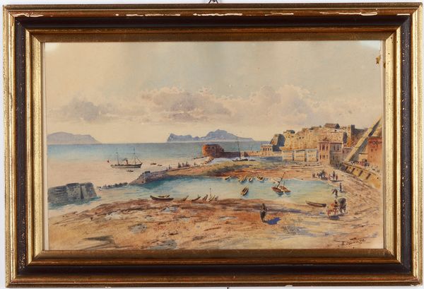 Max Khun (1838-1888) Veduta di porto  - Asta Antiquariato e dipinti - Associazione Nazionale - Case d'Asta italiane