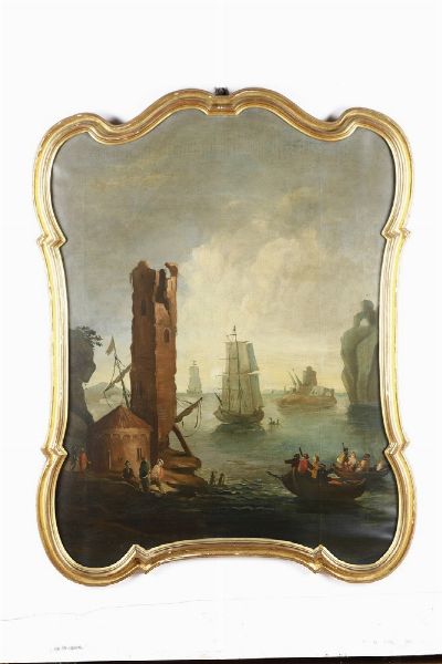 Scuola del XVIII secolo Vedute costiere con figure e imbarcazioni  - Asta Antiquariato e dipinti - Associazione Nazionale - Case d'Asta italiane