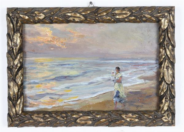 Giuseppe Pennasilico : Madre con bambino in spiaggia  - Asta Antiquariato e dipinti - Associazione Nazionale - Case d'Asta italiane