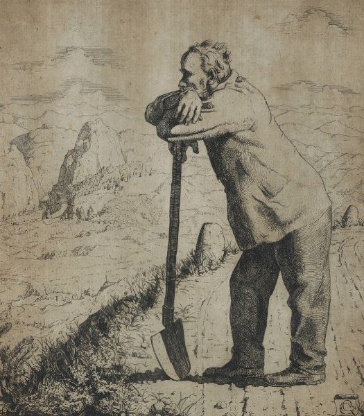 Stampa raffigurante contadino Cantoniere Alberto Helios Gagliardo, stampa ad acquaforte  - Asta Antiquariato e dipinti - Associazione Nazionale - Case d'Asta italiane