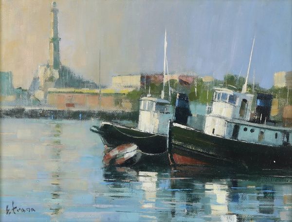 Ettore Frana : Rimorchiatori nel porto di Genova  - Asta Antiquariato e dipinti - Associazione Nazionale - Case d'Asta italiane
