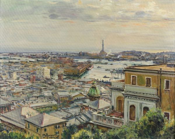 Berto Ferrari : Veduta del porto di Genova da Castelletto, 1954  - Asta Antiquariato e dipinti - Associazione Nazionale - Case d'Asta italiane