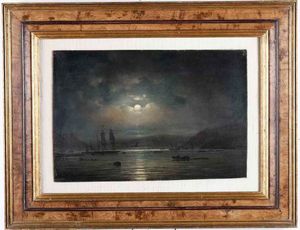 Ary Pleysier - Coppia di marine con imbarcazioni al chiaro di luna