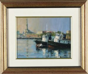 Ettore Frana : Rimorchiatori nel porto di Genova  - Asta Antiquariato e dipinti - Associazione Nazionale - Case d'Asta italiane