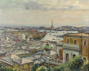 Berto Ferrari : Veduta del porto di Genova da Castelletto, 1954  - Asta Antiquariato e dipinti - Associazione Nazionale - Case d'Asta italiane