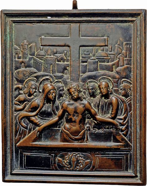 Galeazzo Mondella Moderno, Cerchia di : CRISTO MORTO TRA MARIA E GIOVANNI  - Asta Placchette e medaglie dal XIV al XIX secolo - Associazione Nazionale - Case d'Asta italiane