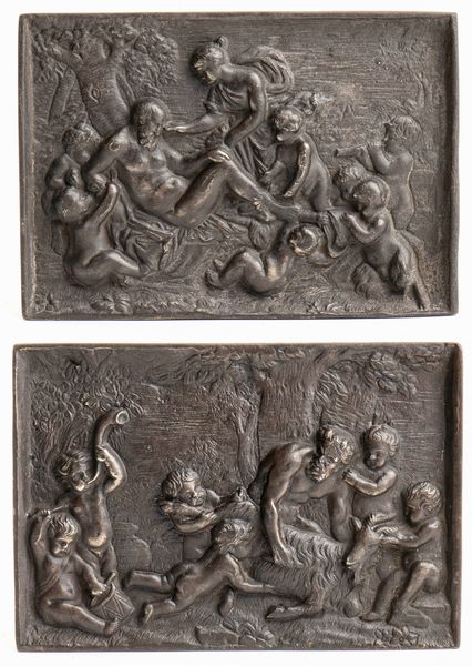 François Du Quesnoy, Cerchia di : Satiro con la  capra Amaltea  e putti/ Sileno dormiente  - Asta Placchette e medaglie dal XIV al XIX secolo - Associazione Nazionale - Case d'Asta italiane