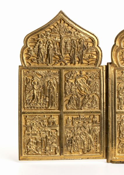 Polittico Dodici grandi feste. Venerazioni delle icone della Madre di Dio di Tikhvin, di Vladimir, di Smolensk, del segno  - Asta Placchette e medaglie dal XIV al XIX secolo - Associazione Nazionale - Case d'Asta italiane