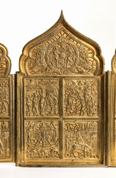 Polittico Dodici grandi feste. Venerazioni delle icone della Madre di Dio di Tikhvin, di Vladimir, di Smolensk, del segno  - Asta Placchette e medaglie dal XIV al XIX secolo - Associazione Nazionale - Case d'Asta italiane