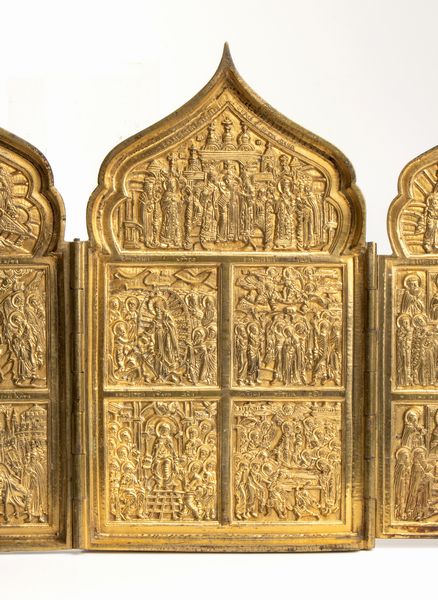 Polittico Dodici grandi feste. Venerazioni delle icone della Madre di Dio di Tikhvin, di Vladimir, di Smolensk, del segno  - Asta Placchette e medaglie dal XIV al XIX secolo - Associazione Nazionale - Case d'Asta italiane