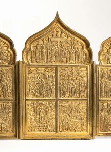 Polittico Dodici grandi feste. Venerazioni delle icone della Madre di Dio di Tikhvin, di Vladimir, di Smolensk, del segno  - Asta Placchette e medaglie dal XIV al XIX secolo - Associazione Nazionale - Case d'Asta italiane
