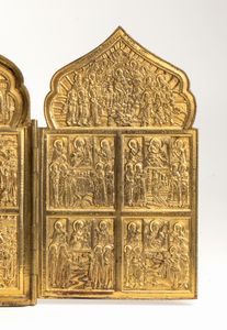 Polittico Dodici grandi feste. Venerazioni delle icone della Madre di Dio di Tikhvin, di Vladimir, di Smolensk, del segno  - Asta Placchette e medaglie dal XIV al XIX secolo - Associazione Nazionale - Case d'Asta italiane