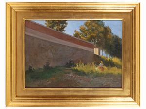 Alfredo Serri - Veduta di parco con scorcio di muro e figure