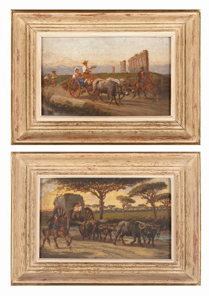 PITTORE DEL XIX SECOLO : Campagna romana con carro con buoi  - Asta Dipinti antichi - Associazione Nazionale - Case d'Asta italiane