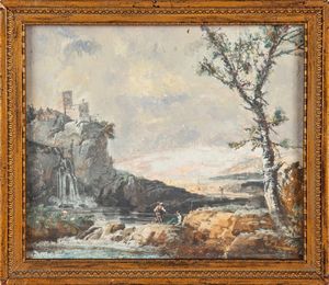 Scuola romana del XVIII secolo - Paesaggio fluviale con pescatori