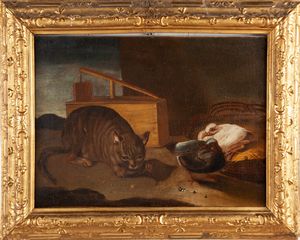 PITTORE LOMBARDO DEL XVIII SECOLO - Gatto e colombi