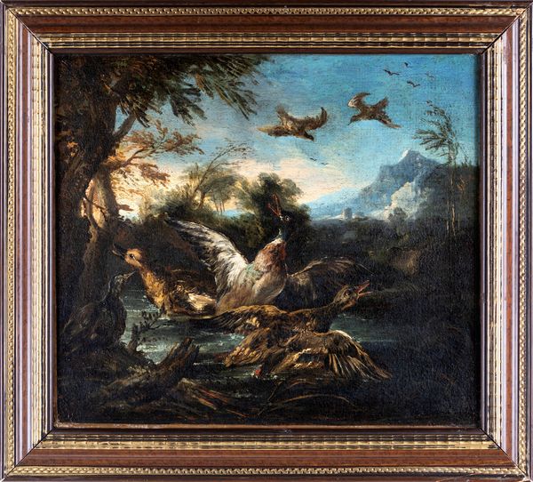 Angelo Maria Crivelli detto il Crivellone, Attribuito a : Paesaggio con volatili  - Asta Dipinti del XIX Secolo - Associazione Nazionale - Case d'Asta italiane
