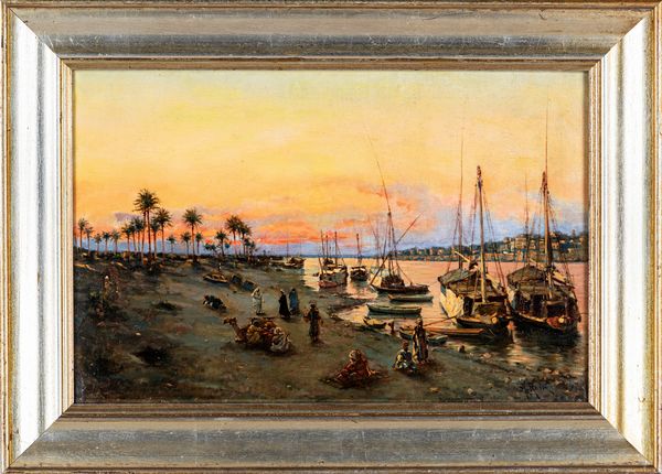 Alberto Rossi : Veduta del Nilo con imbarcazioni e beduini  - Asta Dipinti del XIX Secolo - Associazione Nazionale - Case d'Asta italiane