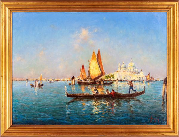 EMANUELE BRUGNOLI : Venezia Punta della dogana e chiesa della Salute con imbarcazioni  - Asta Dipinti del XIX Secolo - Associazione Nazionale - Case d'Asta italiane