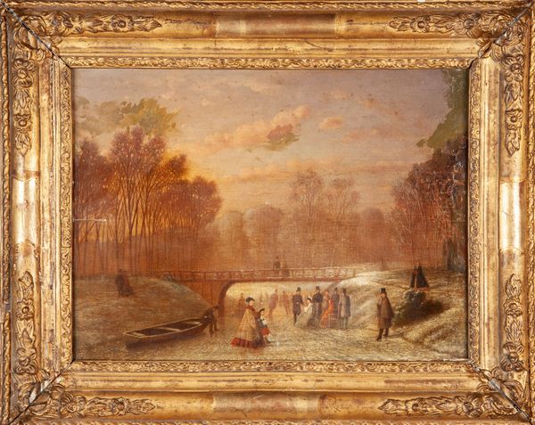 PITTORE DEL XIX SECOLO : Paesaggio con fiume ghiacciato  - Asta Dipinti del XIX Secolo - Associazione Nazionale - Case d'Asta italiane